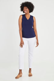 Model Aiyana wearing size 10 of The Classic Lace Trim Tank in colour Navy (Blue), from the front, showing the whole outfit