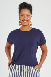 Model Noli wearing size 14 of The Knot Detail Tee in colour Navy (Blue), from the front, cropped image