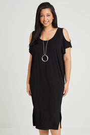 Model Terri-Leigh wearing size 14 of The Bamboo Cold Shoulder Dress in colour Black (Black), from the front, cropped image