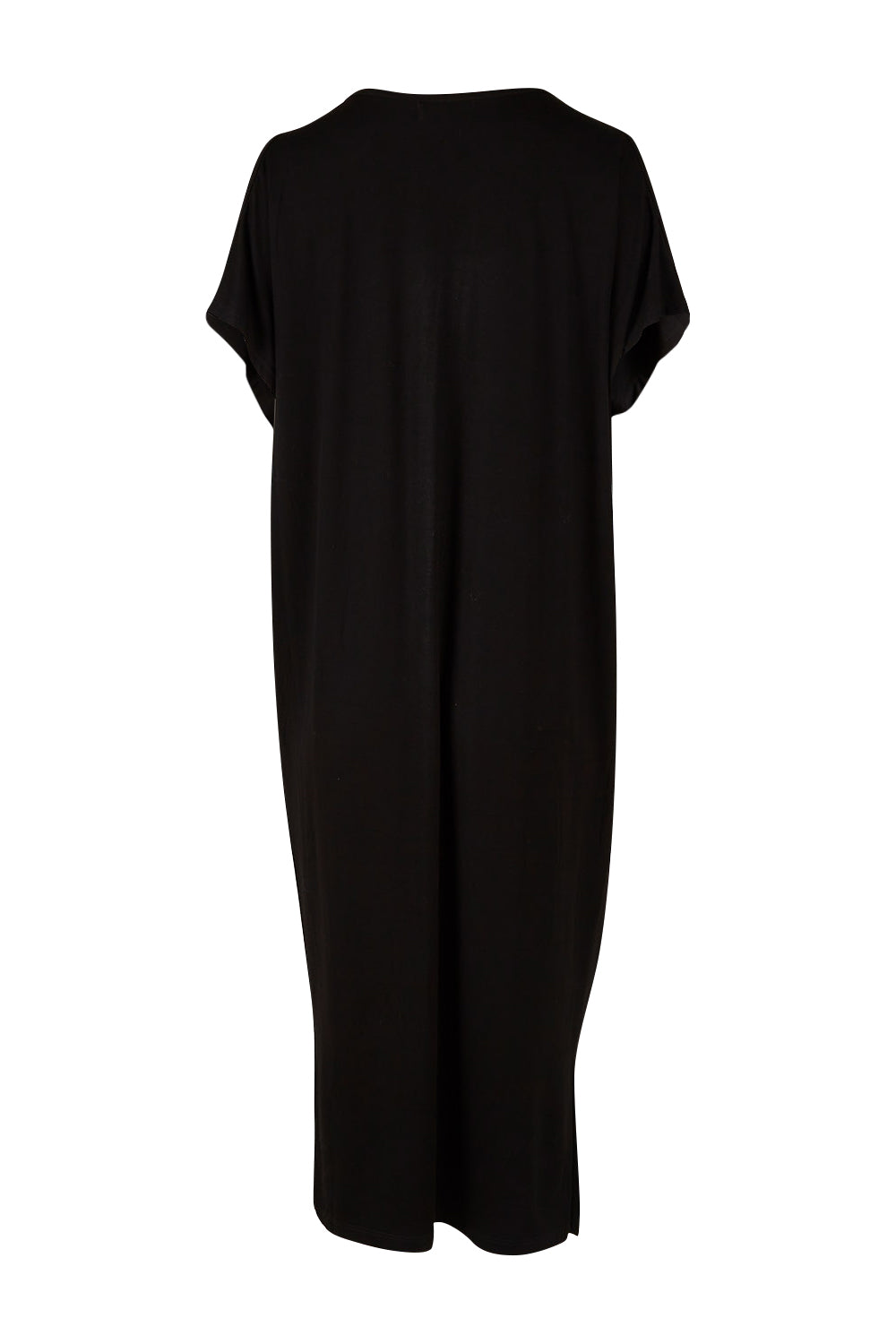 Product shot of The Bamboo Cold Shoulder Dress in colour Black (Black), from the back