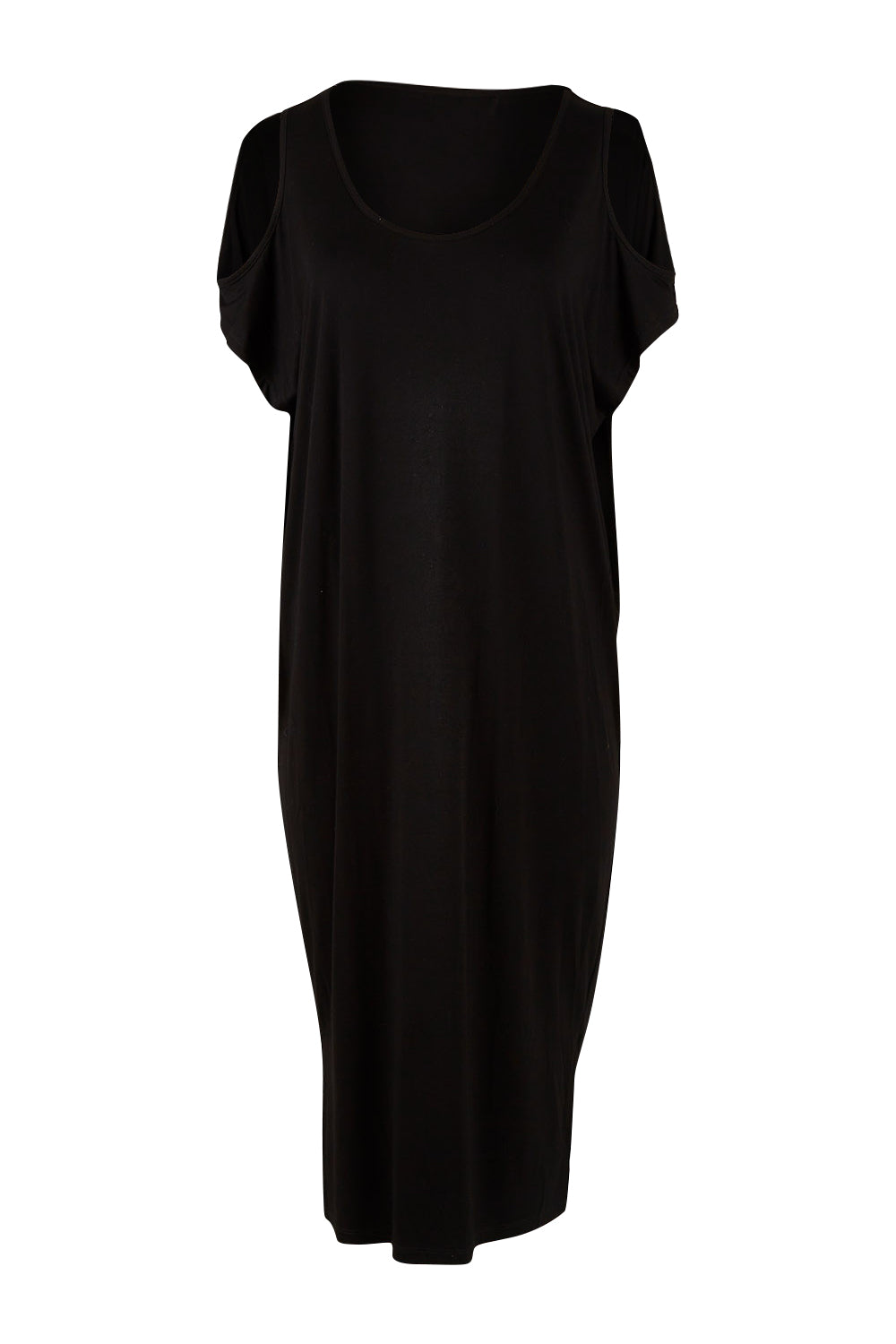 Product shot of The Bamboo Cold Shoulder Dress in colour Black (Black), from the front