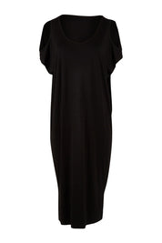Product shot of The Bamboo Cold Shoulder Dress in colour Black (Black), from the front