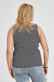 Model Keeara wearing size 16 of The Keepers Striped Rib Tank in colour Black (Black), from the back