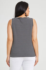 Model Terri-Leigh wearing size 14 of The Keepers Striped Rib Tank in colour Black (Black), from the back