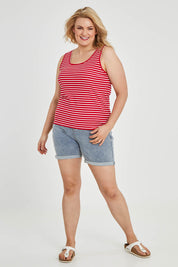 Model Keeara wearing size 16 of The Keepers Striped Rib Tank in colour Red (Red), from the front, showing the whole outfit