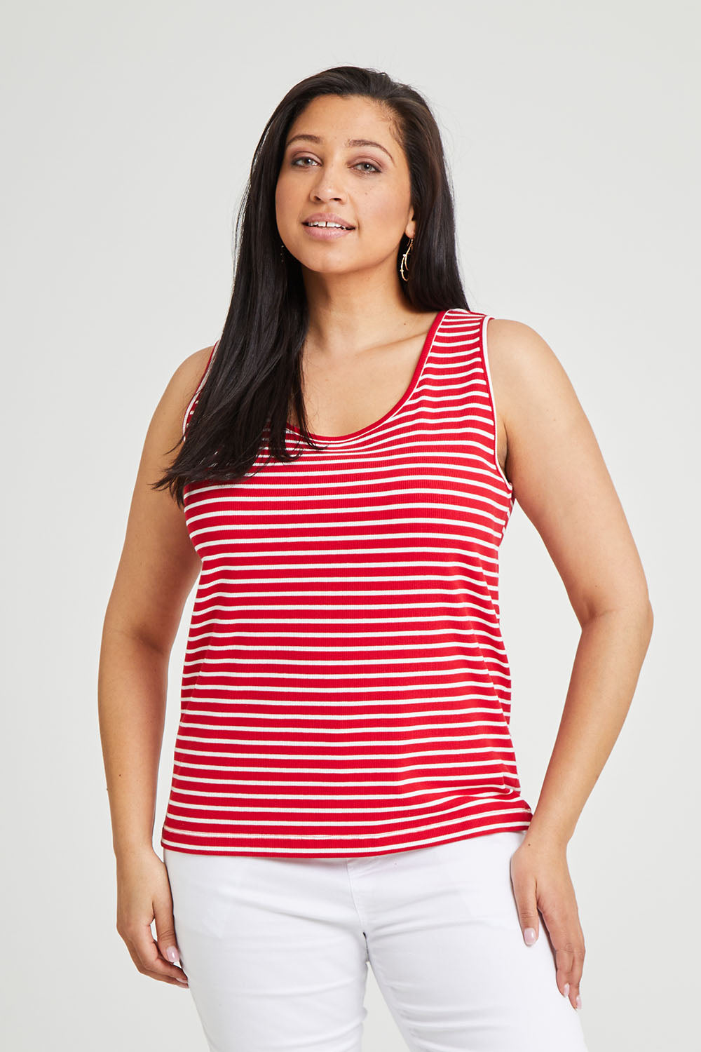 Model Terri-Leigh wearing size 14 of The Keepers Striped Rib Tank in colour Red (Red), from the front, cropped image