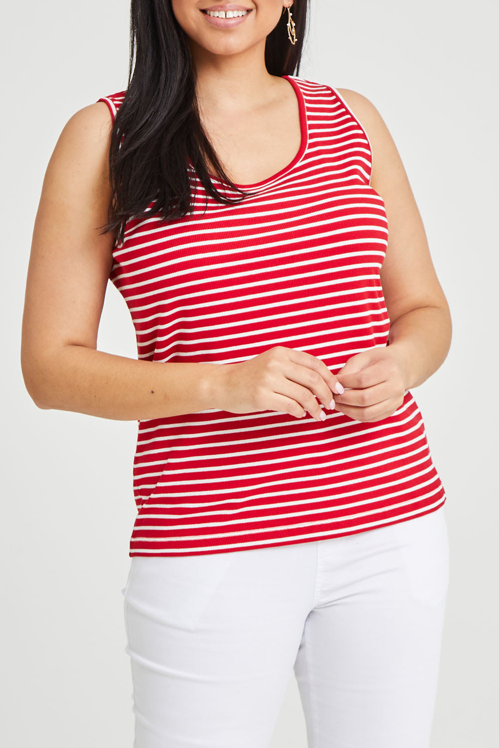 Model Terri-Leigh wearing size 14 of The Keepers Striped Rib Tank in colour Red (Red), from the front, cropped image