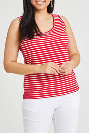 Model Terri-Leigh wearing size 14 of The Keepers Striped Rib Tank in colour Red (Red), from the front, cropped image
