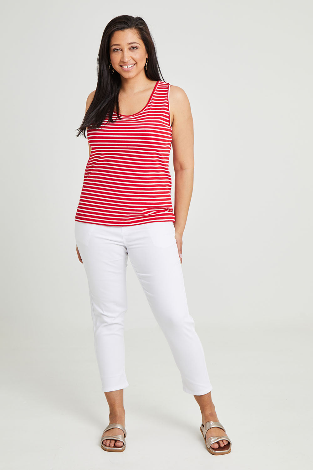 Model Terri-Leigh wearing size 14 of The Keepers Striped Rib Tank in colour Red (Red), from the front, showing the whole outfit
