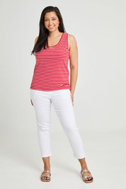 Model Terri-Leigh wearing size 14 of The Keepers Striped Rib Tank in colour Red (Red), from the front, showing the whole outfit