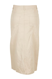 Product shot of The 5 Pocket Denim Midi Skirt in colour Echru, from the back