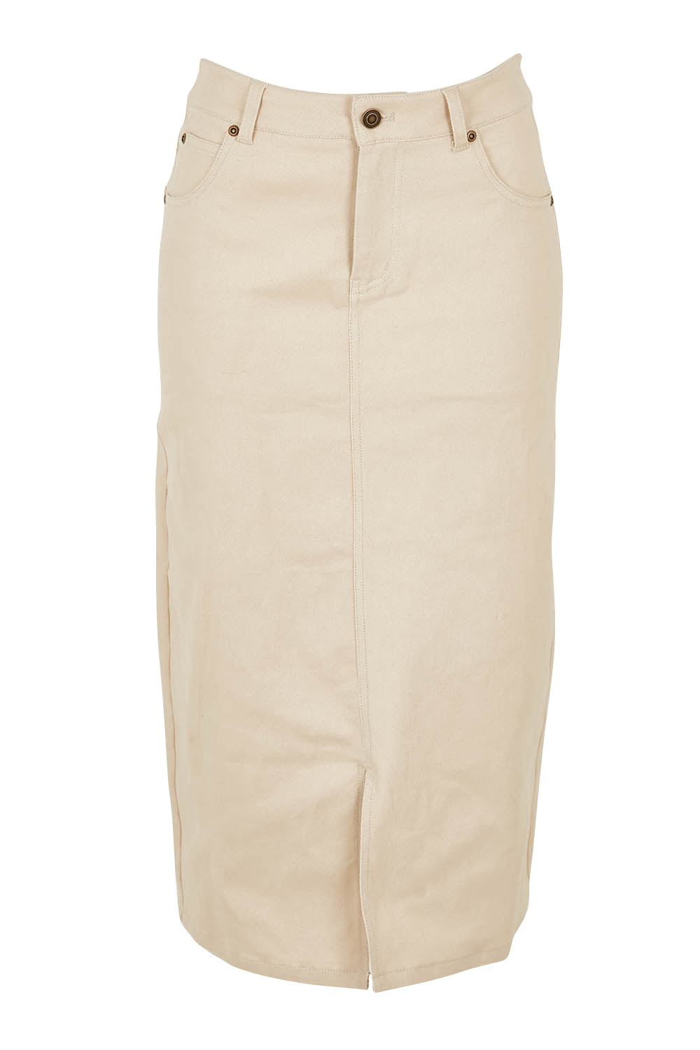 Product shot of The 5 Pocket Denim Midi Skirt in colour Echru, from the front