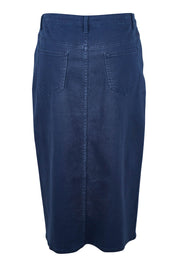 Product shot of The 5 Pocket Denim Midi Skirt in colour Navy (Blue), from the back