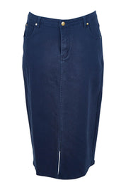 Product shot of The 5 Pocket Denim Midi Skirt in colour Navy (Blue), from the front