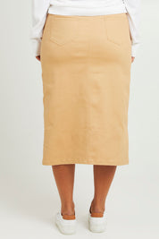 Model Monique wearing size 14 of The 5 Pocket Denim Midi Skirt in colour Tan, from the back