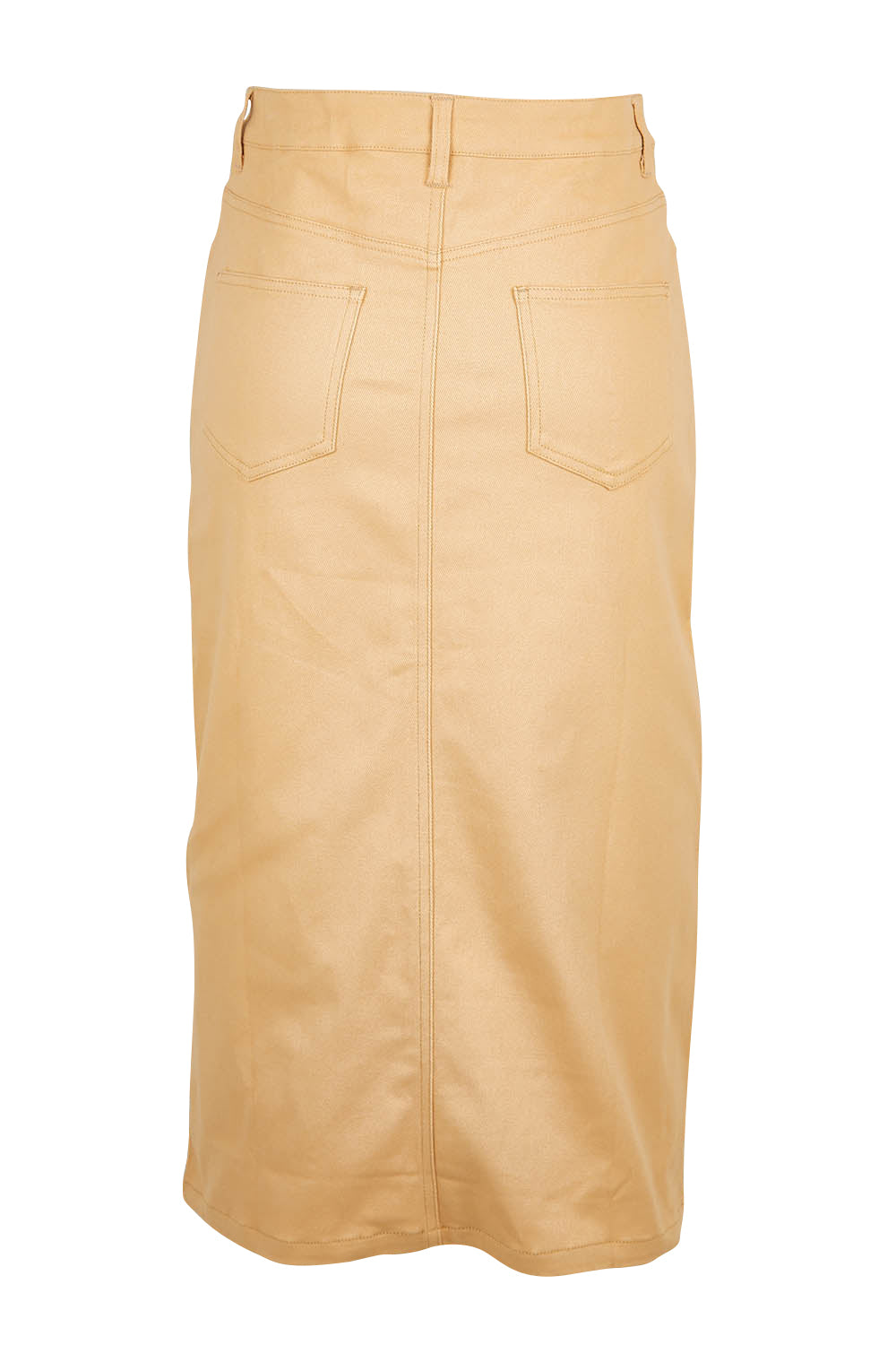 Product shot of The 5 Pocket Denim Midi Skirt in colour Tan, from the back