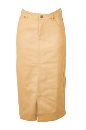 Product shot of The 5 Pocket Denim Midi Skirt in colour Tan, from the front