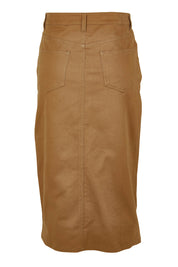 Product shot of The 5 Pocket Denim Midi Skirt in colour Tobacco, from the back