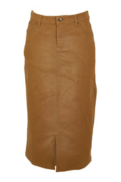 Product shot of The 5 Pocket Denim Midi Skirt in colour Tobacco, from the front