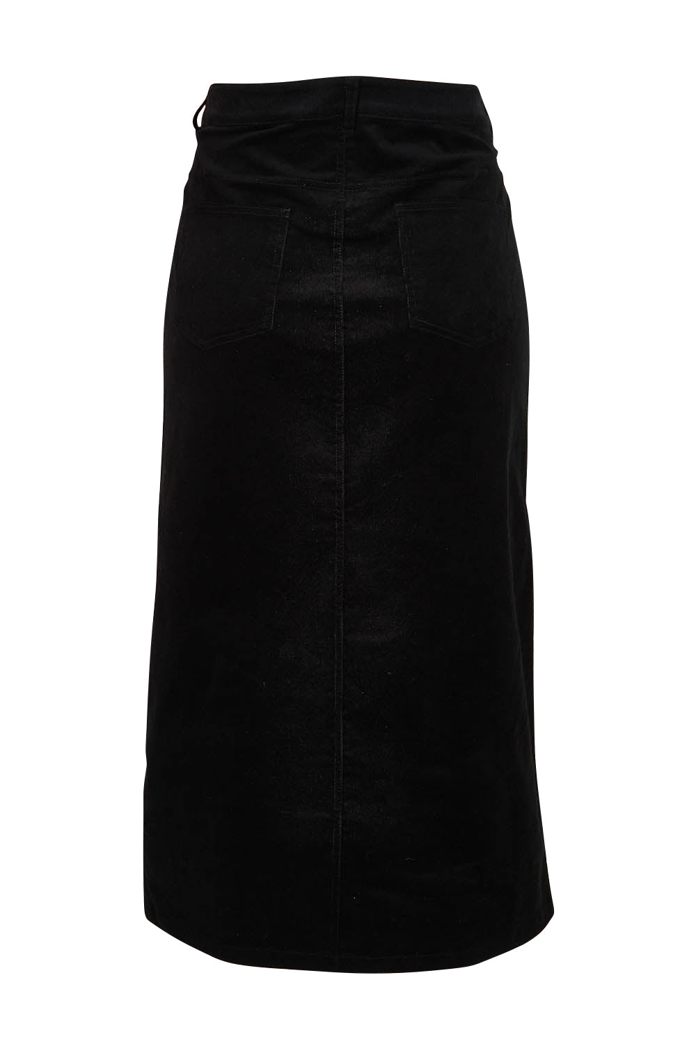 Product shot of The 5 Pocket Cord Midi Skirt in colour Black (Black), from the back