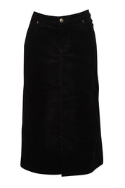 Product shot of The 5 Pocket Cord Midi Skirt in colour Black (Black), from the front