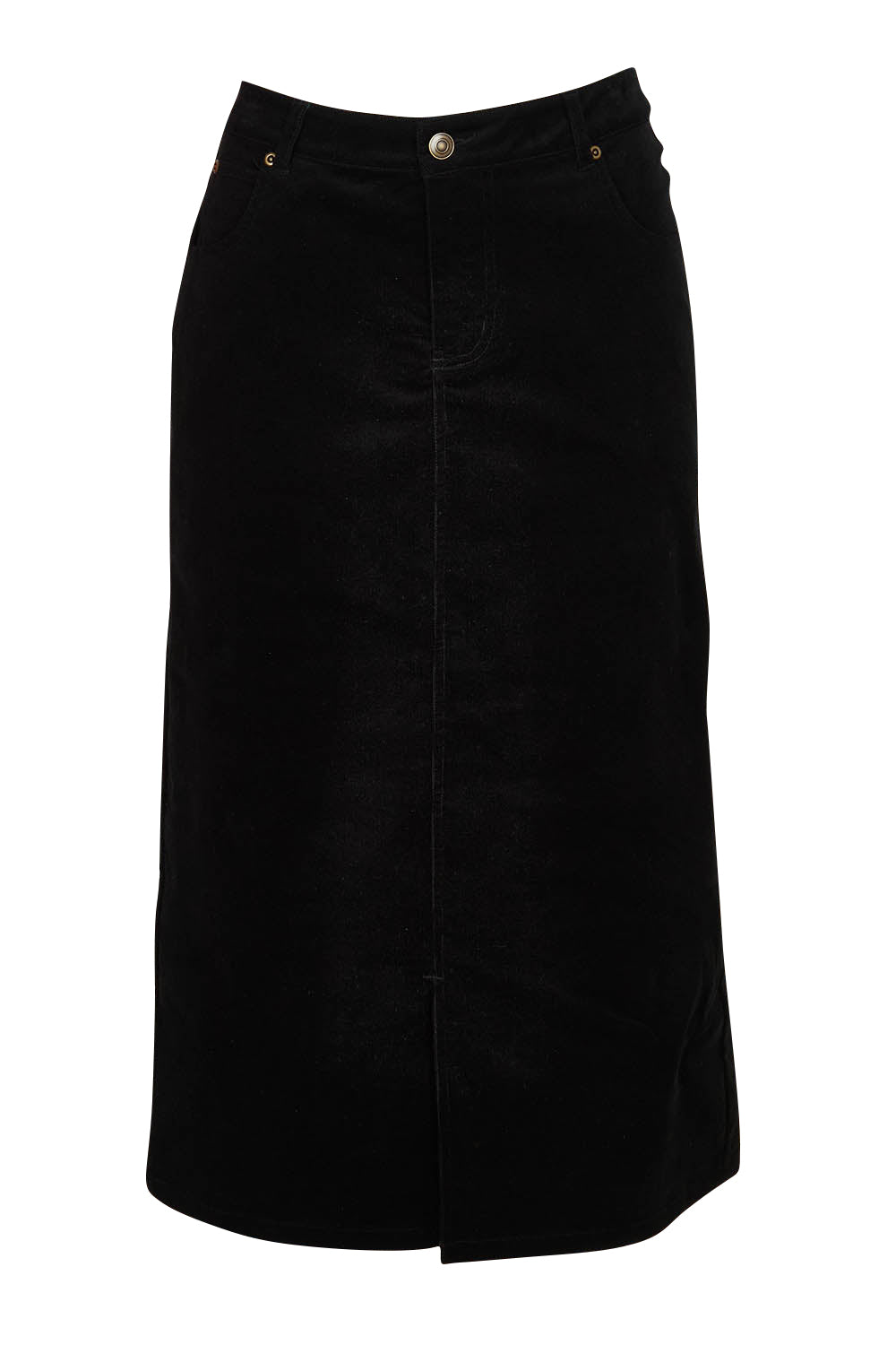 Product shot of The 5 Pocket Cord Midi Skirt in colour Black (Black), from the front