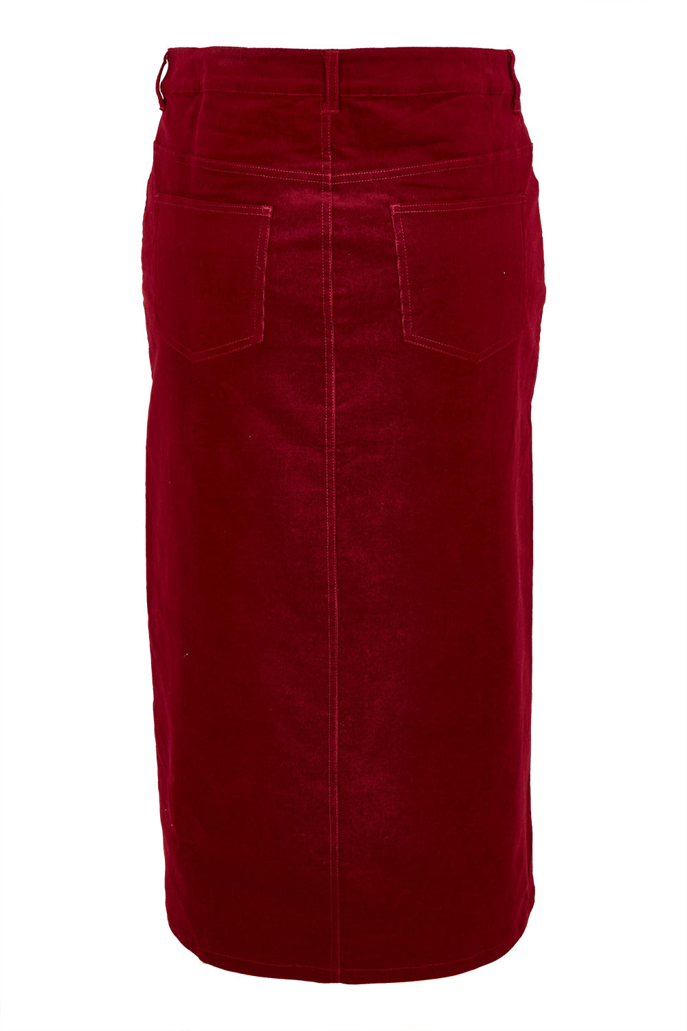 Product shot of The 5 Pocket Cord Midi Skirt in colour Cherryred (Red), from the back