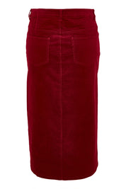 Product shot of The 5 Pocket Cord Midi Skirt in colour Cherryred (Red), from the back