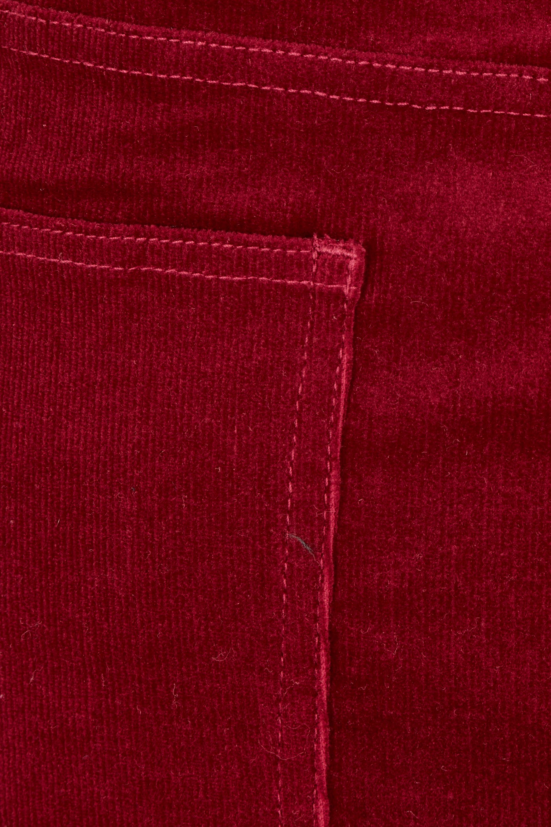 Product shot of The 5 Pocket Cord Midi Skirt in colour Cherryred (Red), detail