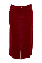 Product shot of The 5 Pocket Cord Midi Skirt in colour Cherryred (Red), from the front