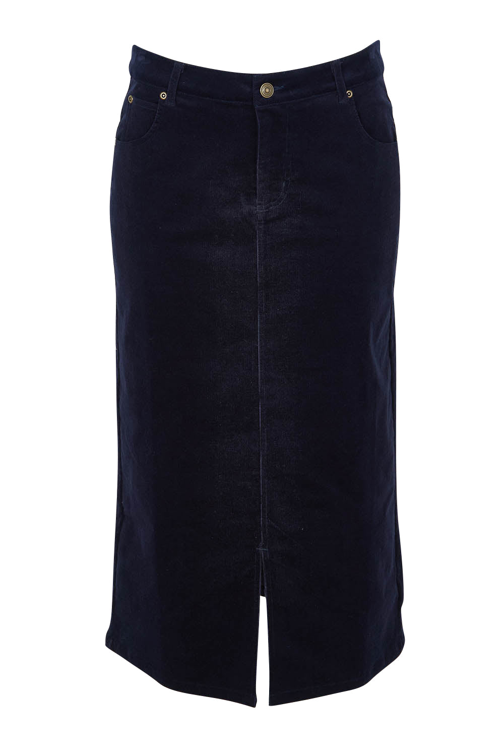 Product shot of The 5 Pocket Cord Midi Skirt in colour Darknavy (Blue), from the front