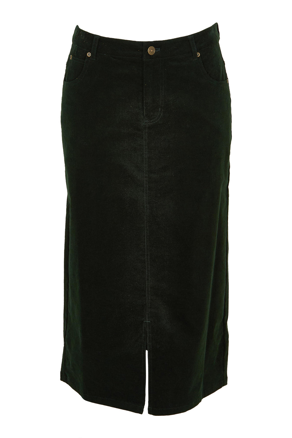 Product shot of The 5 Pocket Cord Midi Skirt in colour Deepforest (Green), from the front