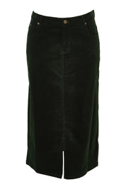 Product shot of The 5 Pocket Cord Midi Skirt in colour Deepforest (Green), from the front