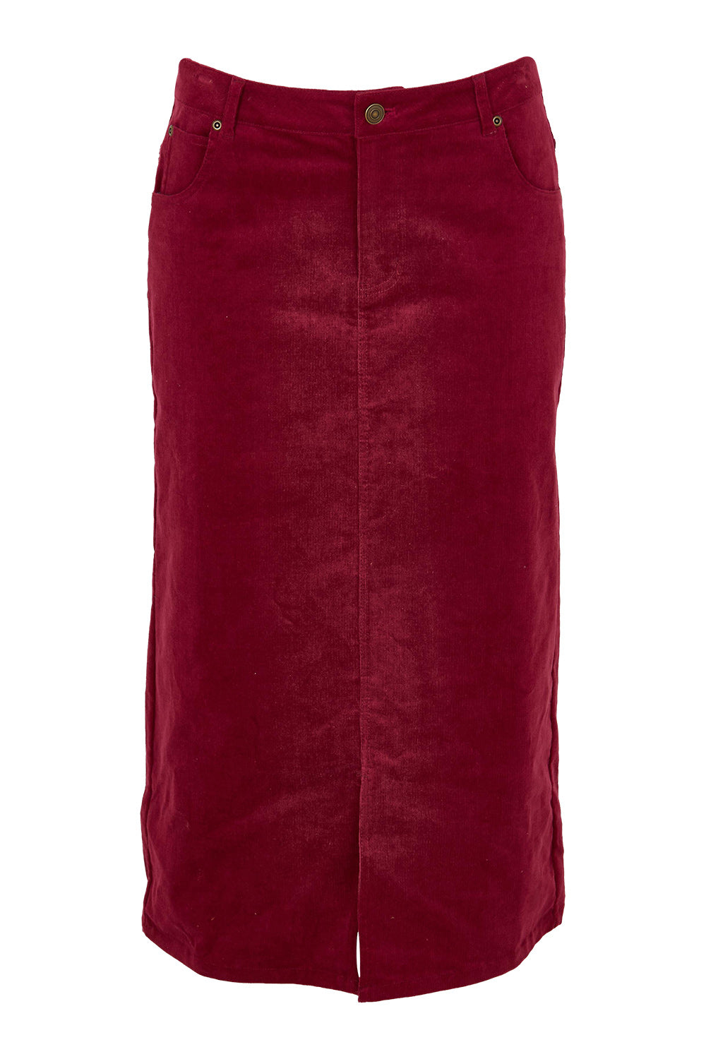 Product shot of The 5 Pocket Cord Midi Skirt in colour Dustyrose (Pink), from the front