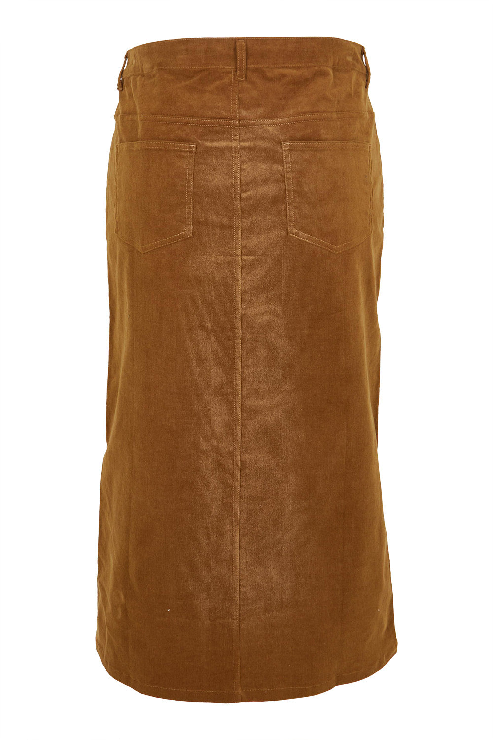 Product shot of The 5 Pocket Cord Midi Skirt in colour Malt, from the back