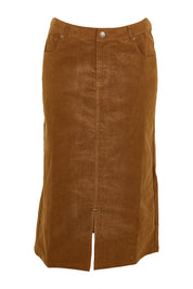Product shot of The 5 Pocket Cord Midi Skirt in colour Malt, from the front