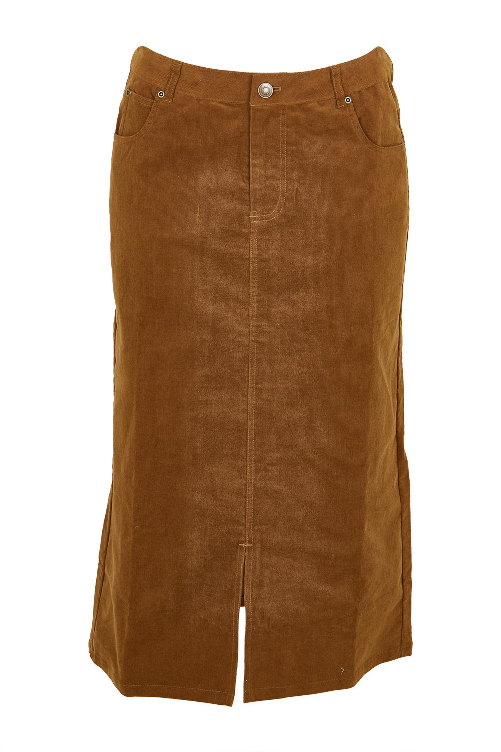 Product shot of The 5 Pocket Cord Midi Skirt in colour Malt, from the front