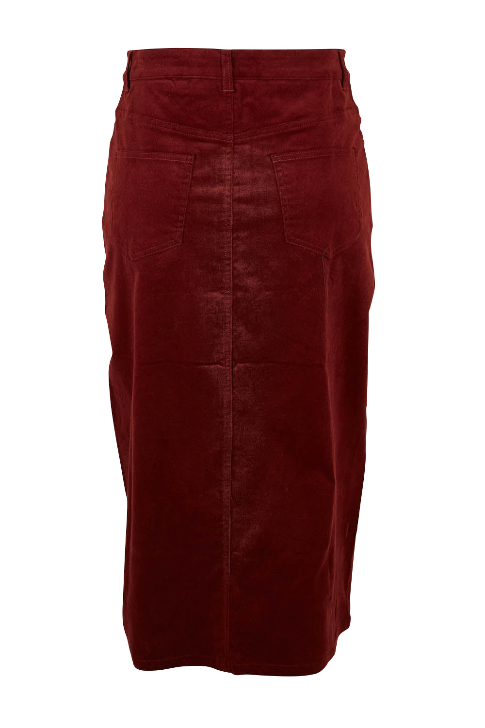 Product shot of The 5 Pocket Cord Midi Skirt in colour Nutmeg, from the back