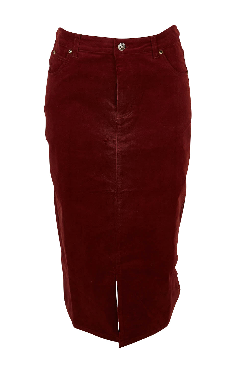 Product shot of The 5 Pocket Cord Midi Skirt in colour Nutmeg, from the front