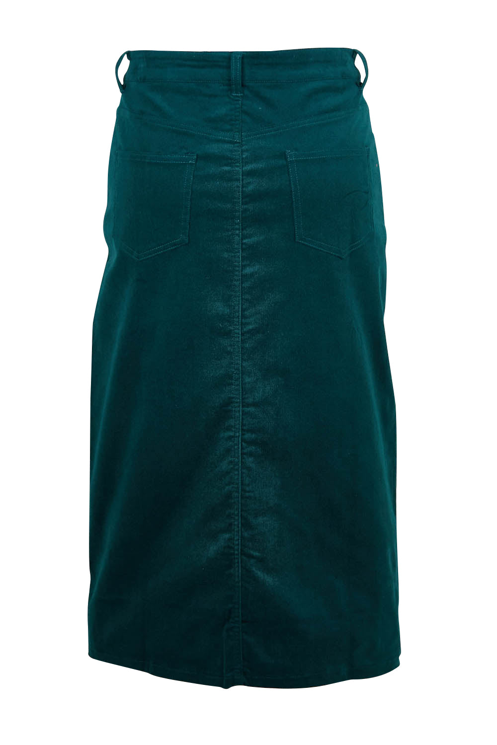 Product shot of The 5 Pocket Cord Midi Skirt in colour Petrol (Blue), from the back