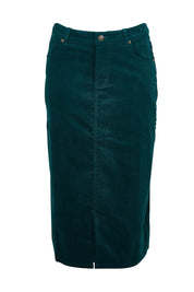 Product shot of The 5 Pocket Cord Midi Skirt in colour Petrol (Blue), from the front