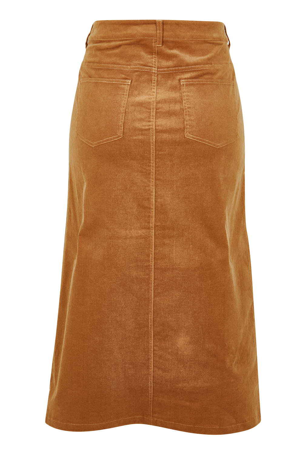 Product shot of The 5 Pocket Cord Midi Skirt in colour Tan, from the back