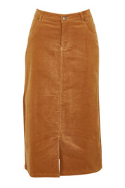 Product shot of The 5 Pocket Cord Midi Skirt in colour Tan, from the front