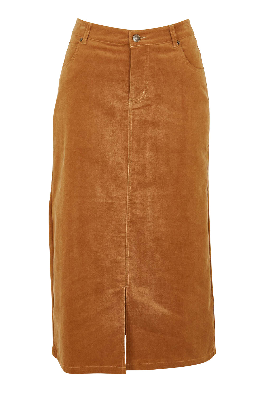 Product shot of The 5 Pocket Cord Midi Skirt in colour Tan, from the front