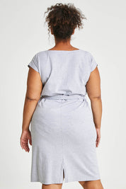 Model Alexis wearing size 16 of The Summer Tee Dress in colour Silvermarl (Grey), from the back