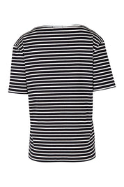 Product shot of The Keepers V Neck Striped Rib Tee in colour Black (Black), from the back