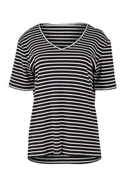 Product shot of The Keepers V Neck Striped Rib Tee in colour Black (Black), from the front