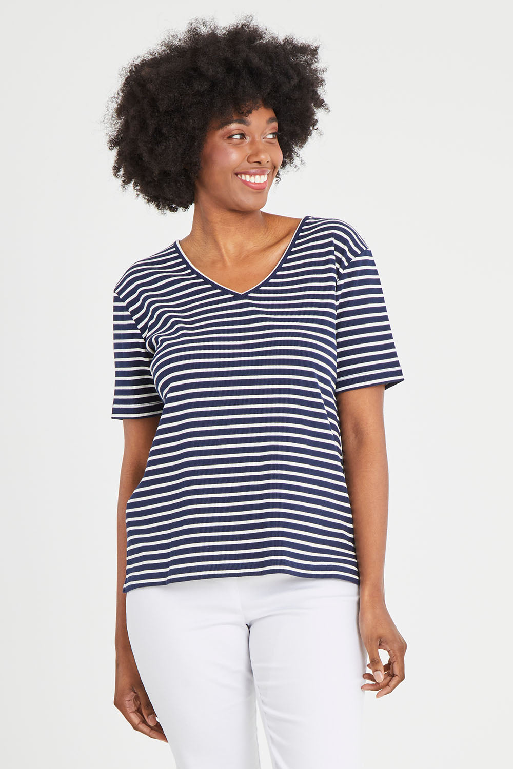 Model Aiyana wearing size 10 of The Keepers V Neck Striped Rib Tee in colour Navy (Blue), from the front, cropped image