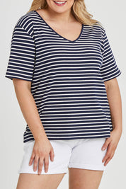 Model Keeara wearing size 16 of The Keepers V Neck Striped Rib Tee in colour Navy (Blue), from the front, cropped image