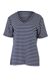 Product shot of The Keepers V Neck Striped Rib Tee in colour Navy (Blue), from the front